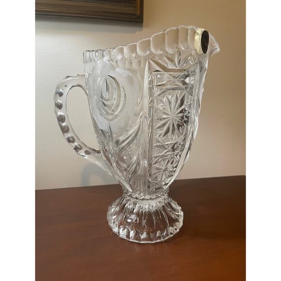 Vintage Cut Crystal Glass Etched Floral 9" Footed Pitcher with Original Sticker - Picture 1 of 10